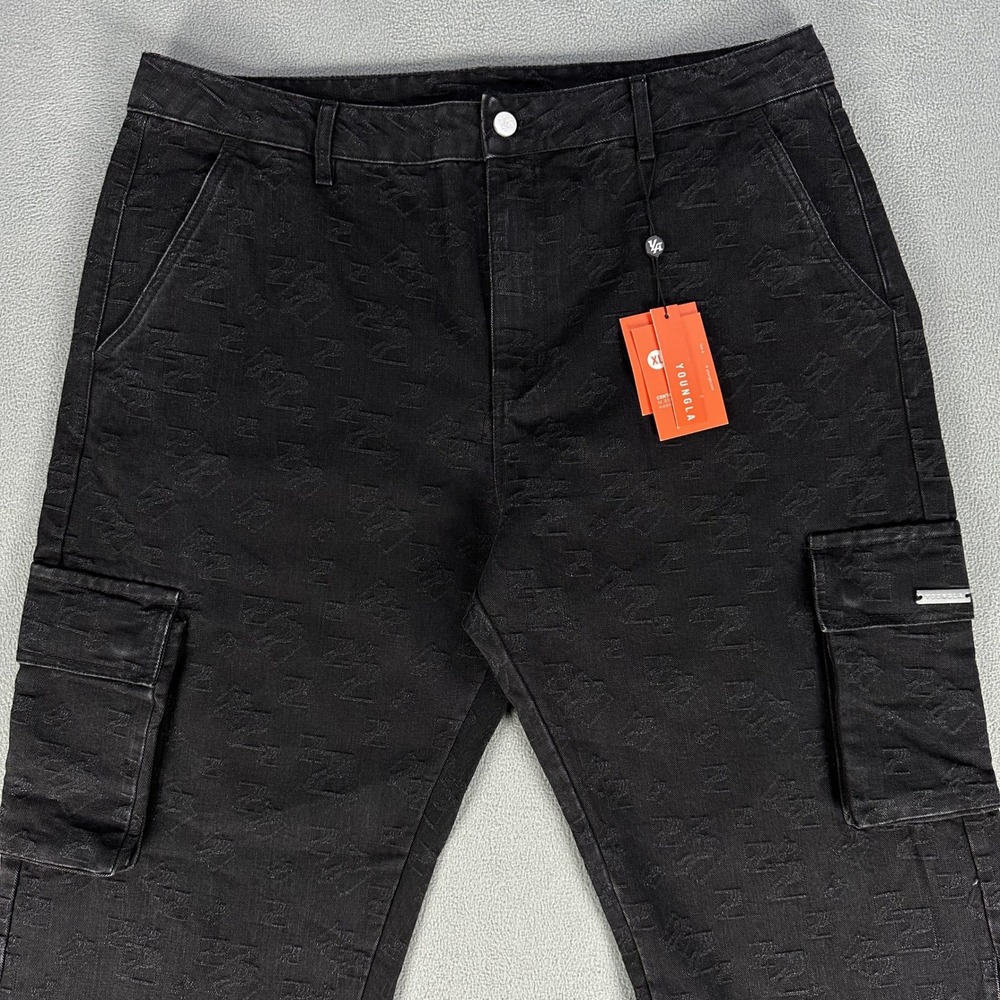 YoungLA Jeans Mens XL Black Streetwear Baggy Cargo All Over Embroidered New